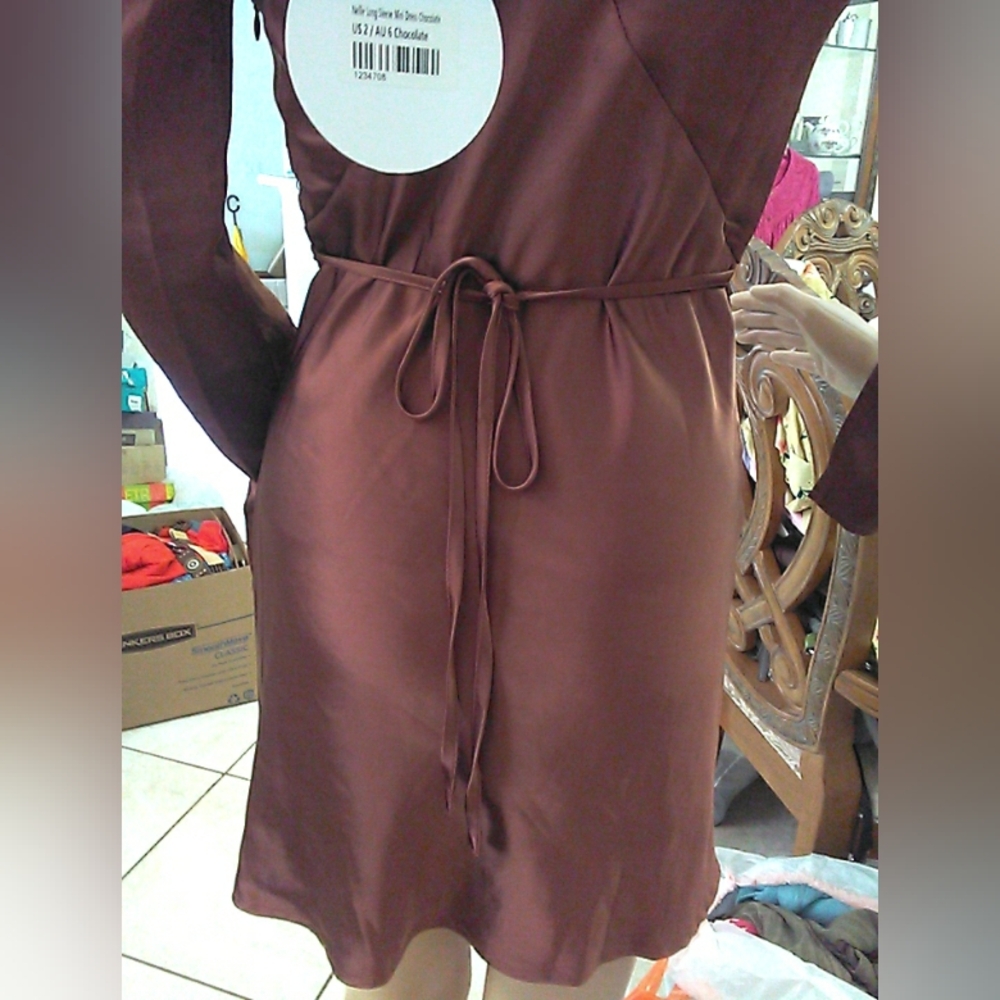 BNWT Princess Polly Brown Sheath Dress W/;Plunge Neckline & Bishop Sleeves SZ. 2 - Picture 8 of 11